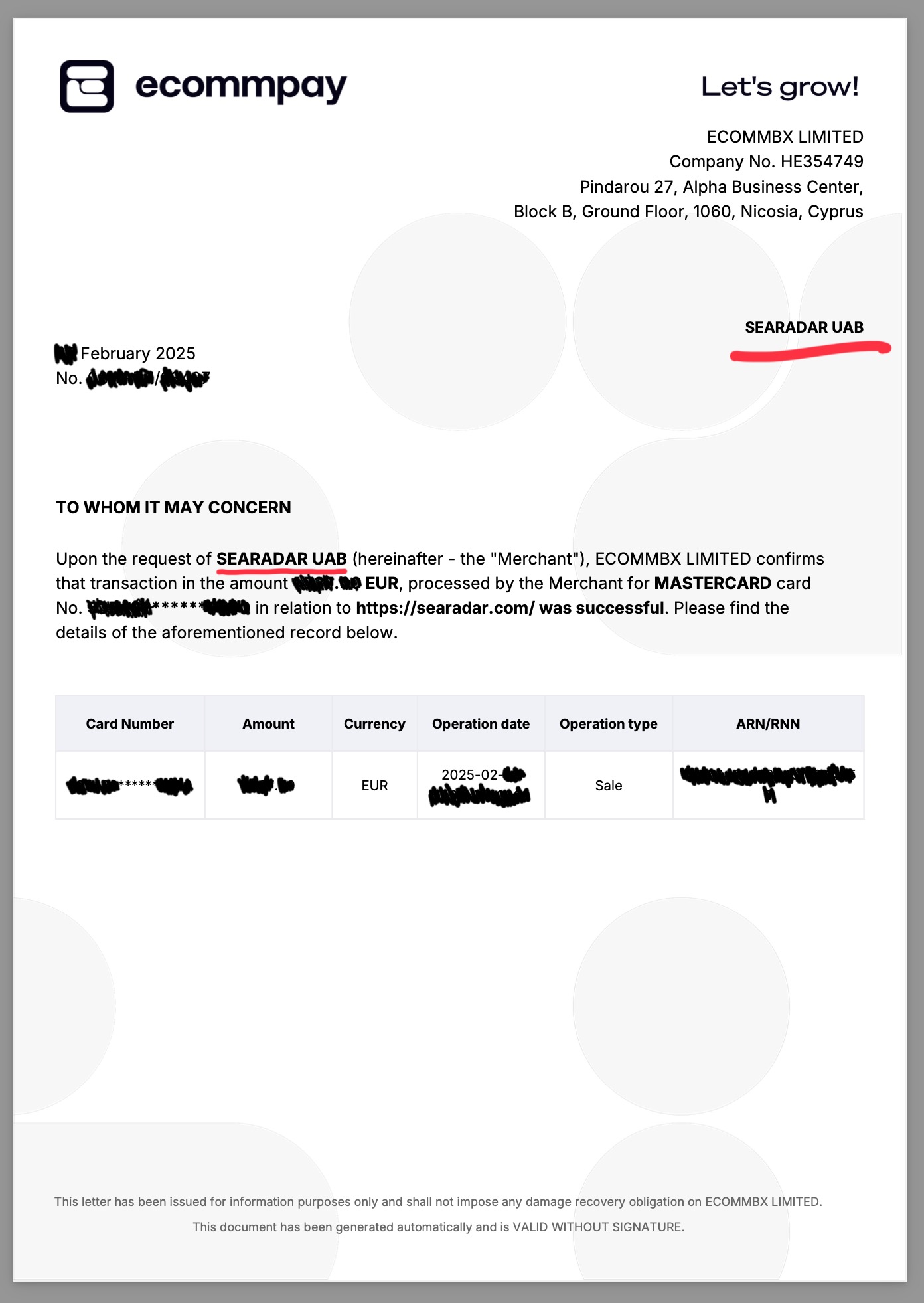 Payment receipt for SeaRadar.com booking