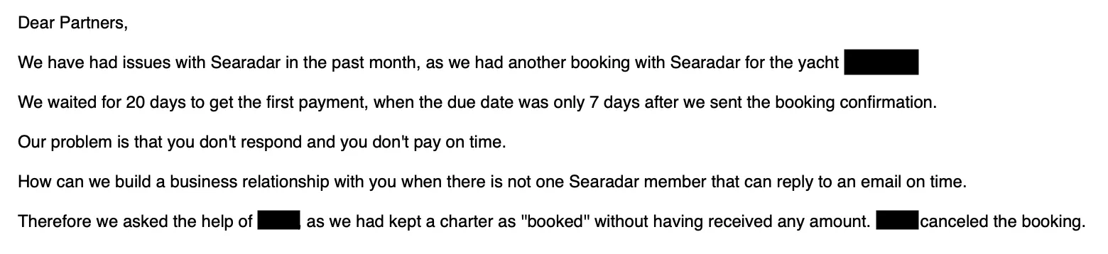 Email screenshot from the charter side indicating payment issues and related booking failures