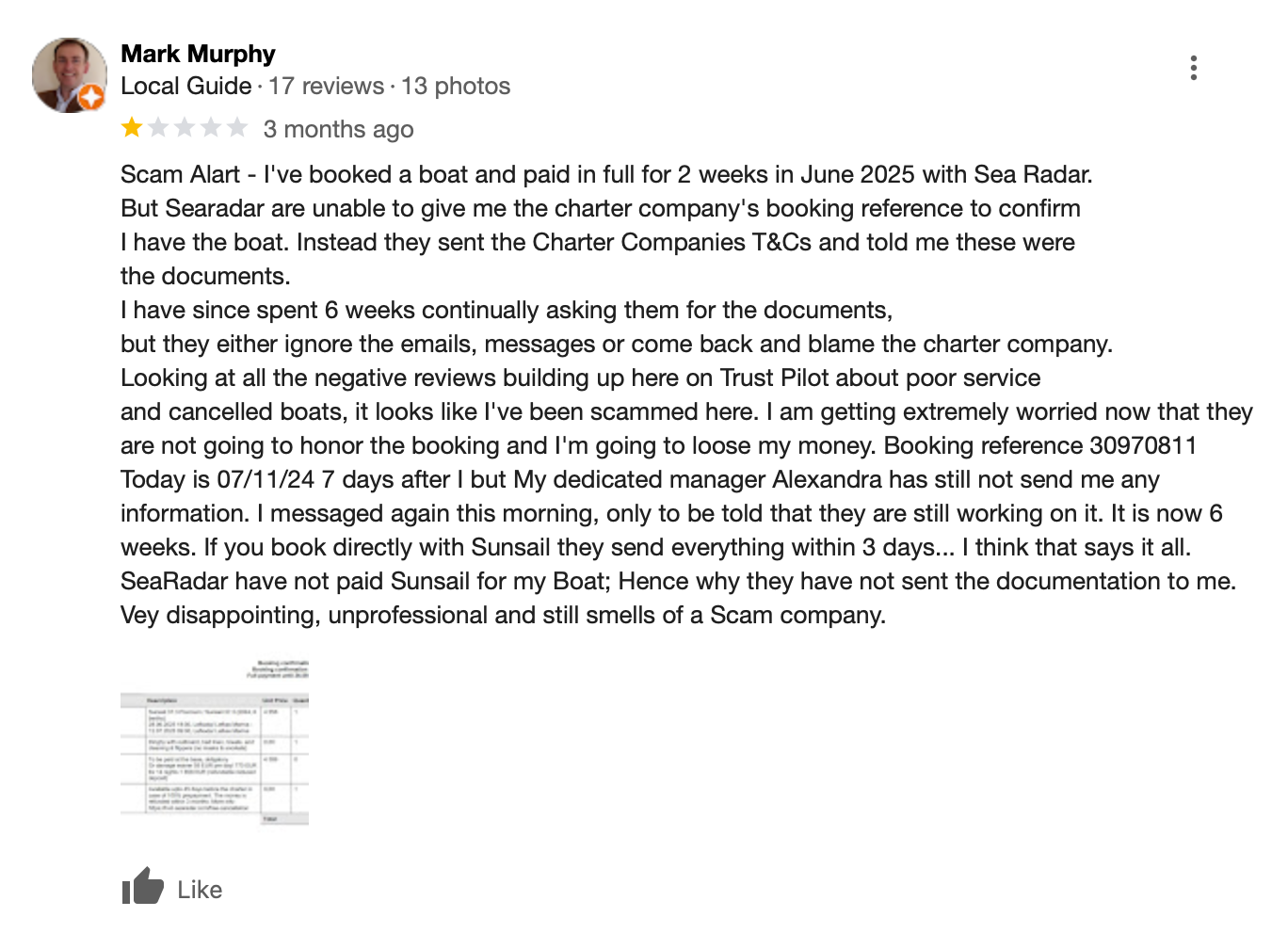 Google review of SeaRadar scam