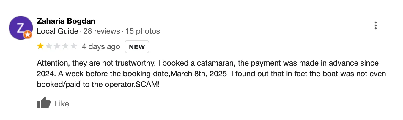 Google review screenshot describing delayed responses and unresolved charter status