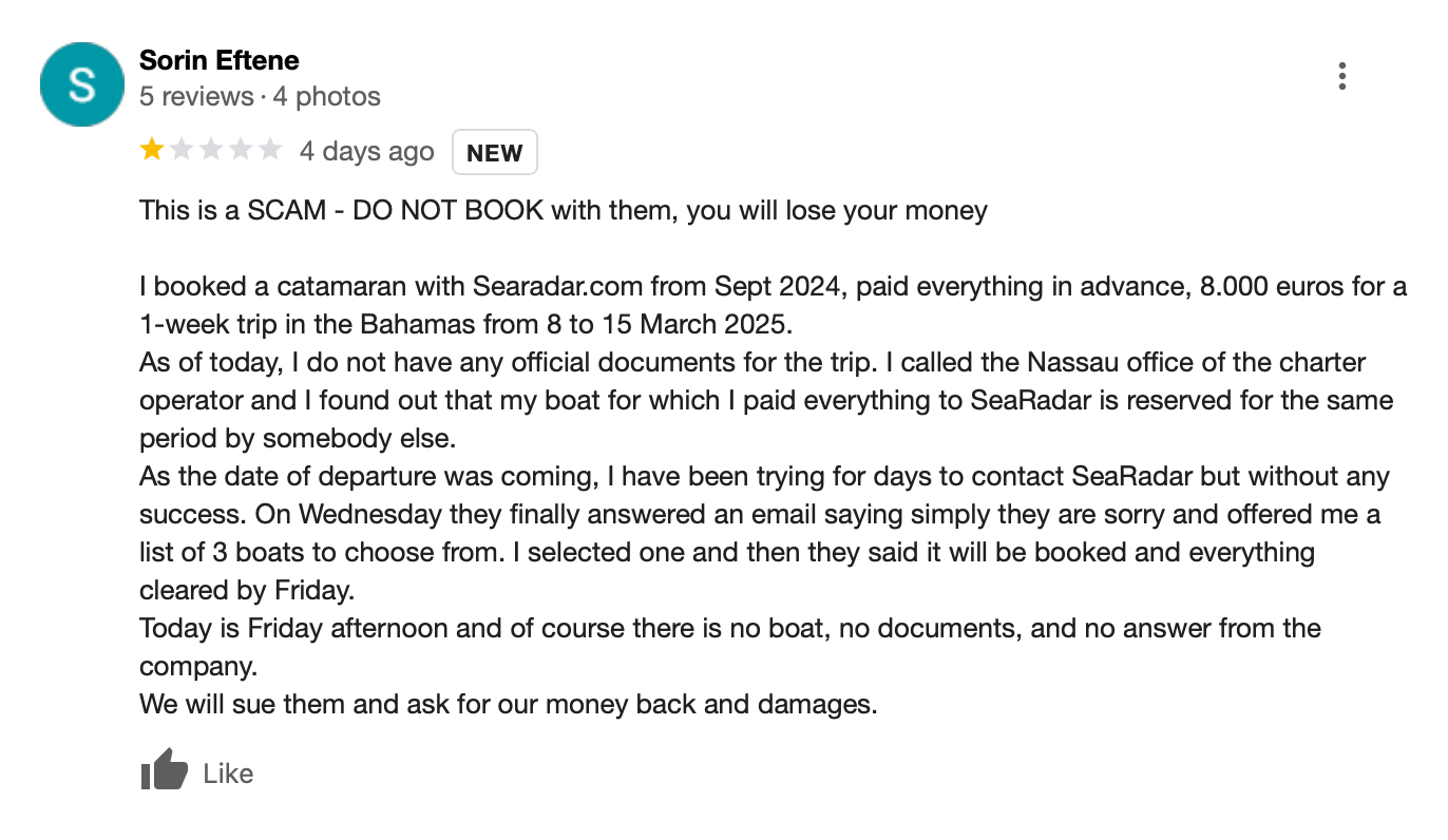 Google review of SeaRadar scam