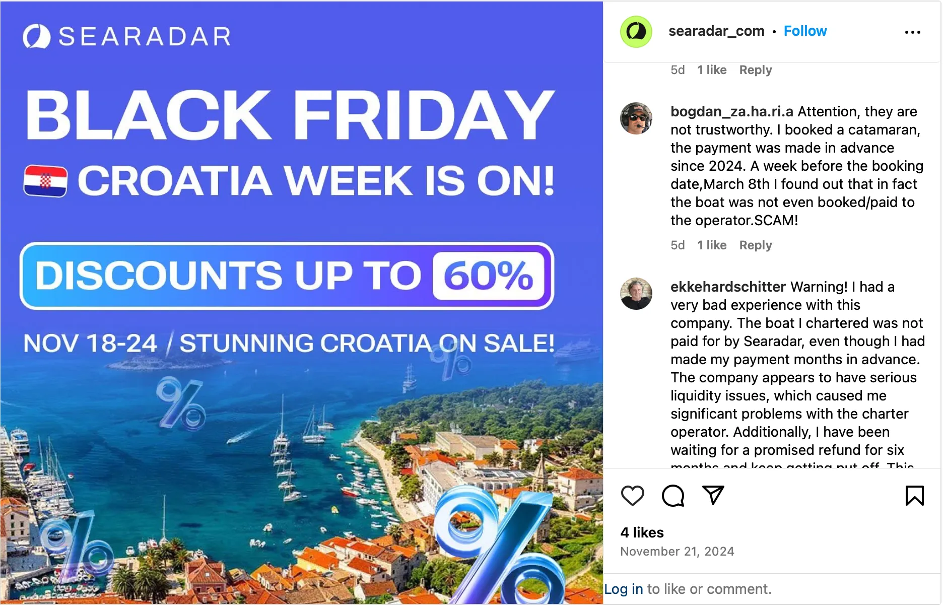 Instagram screenshot archive capture showing missing critical comments on a Searadar post