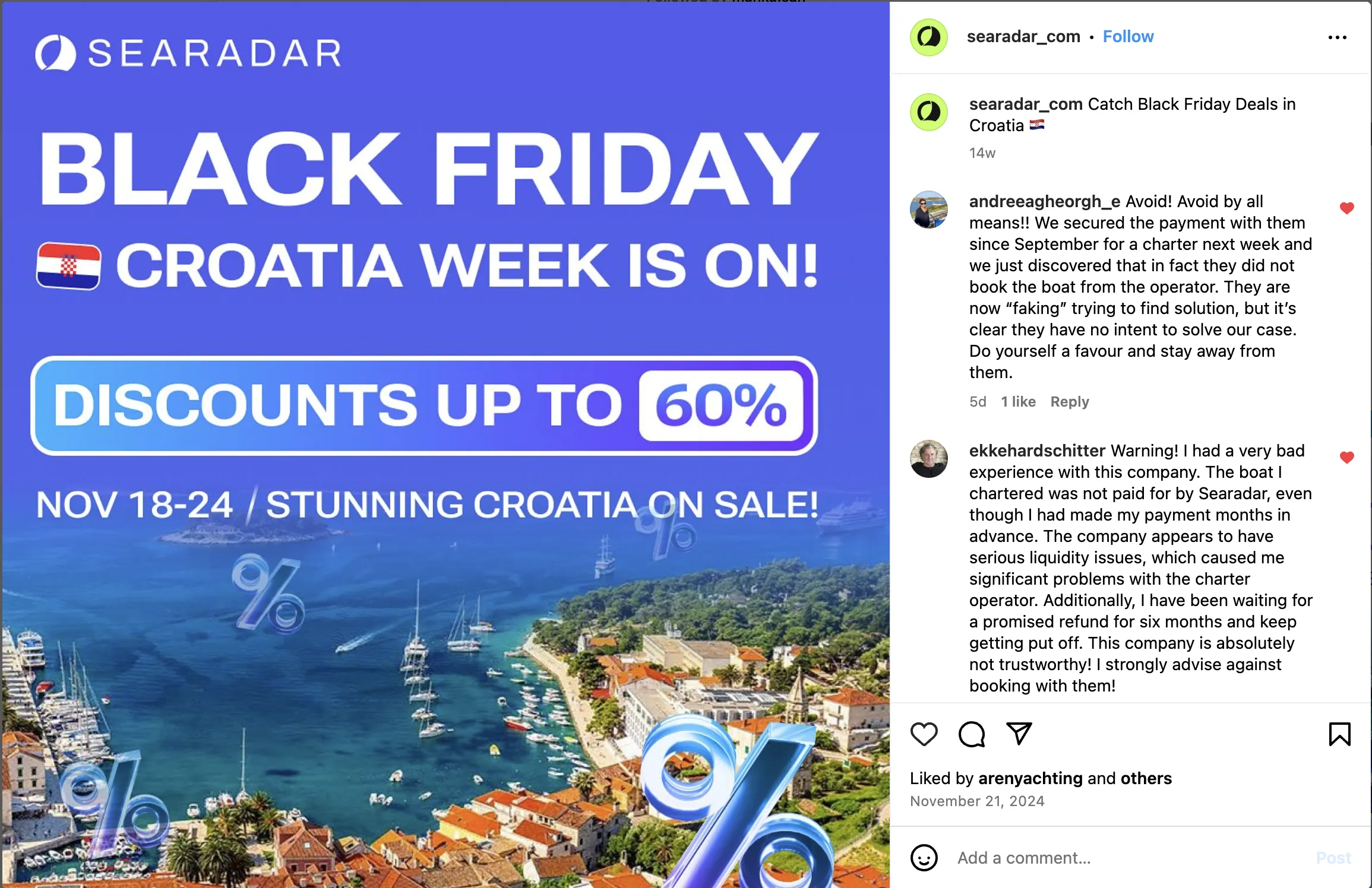 Second Instagram screenshot from the same thread showing removed negative feedback entries