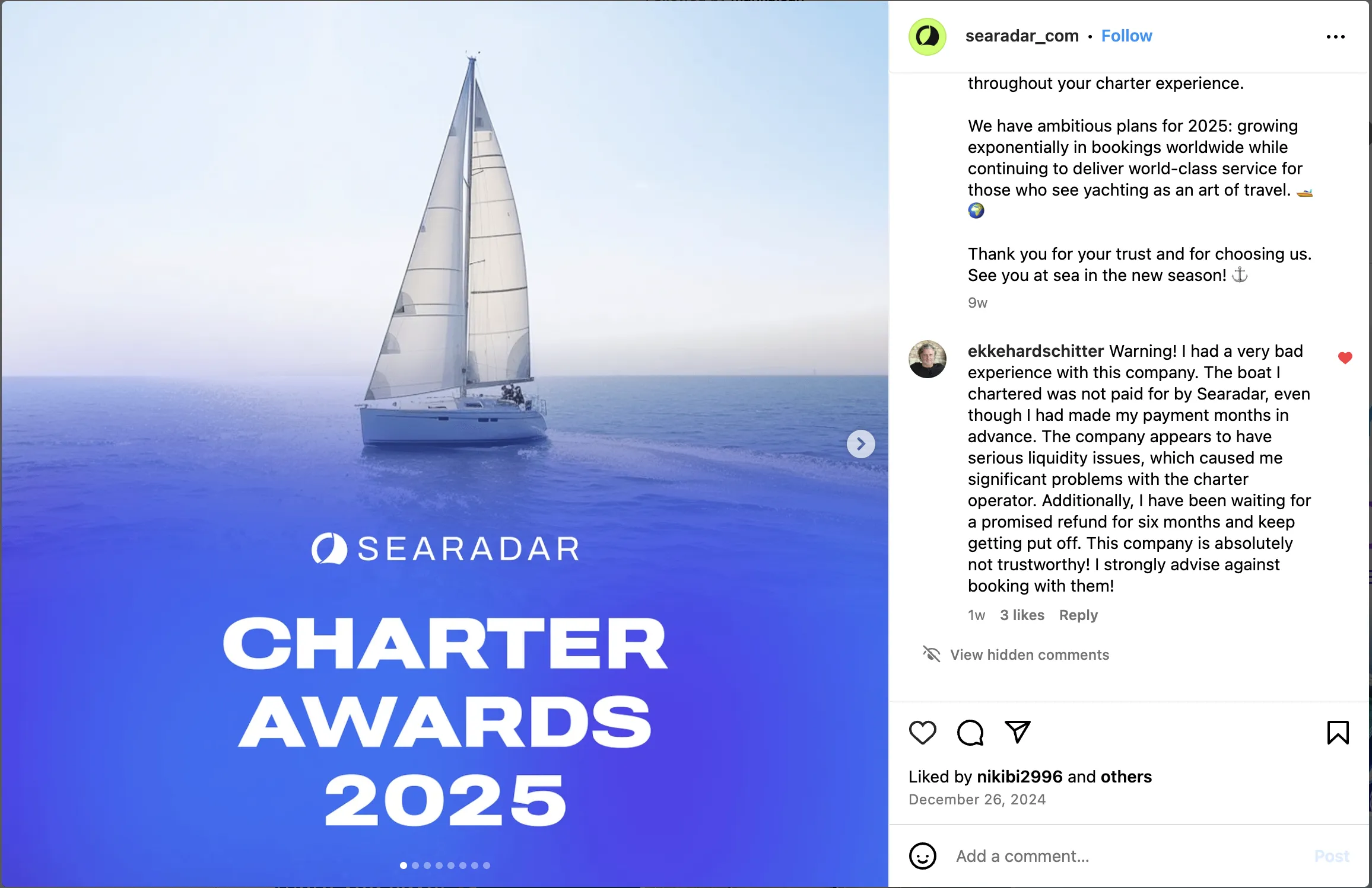 Additional screenshot documenting disappearing complaint comments on Searadar social content