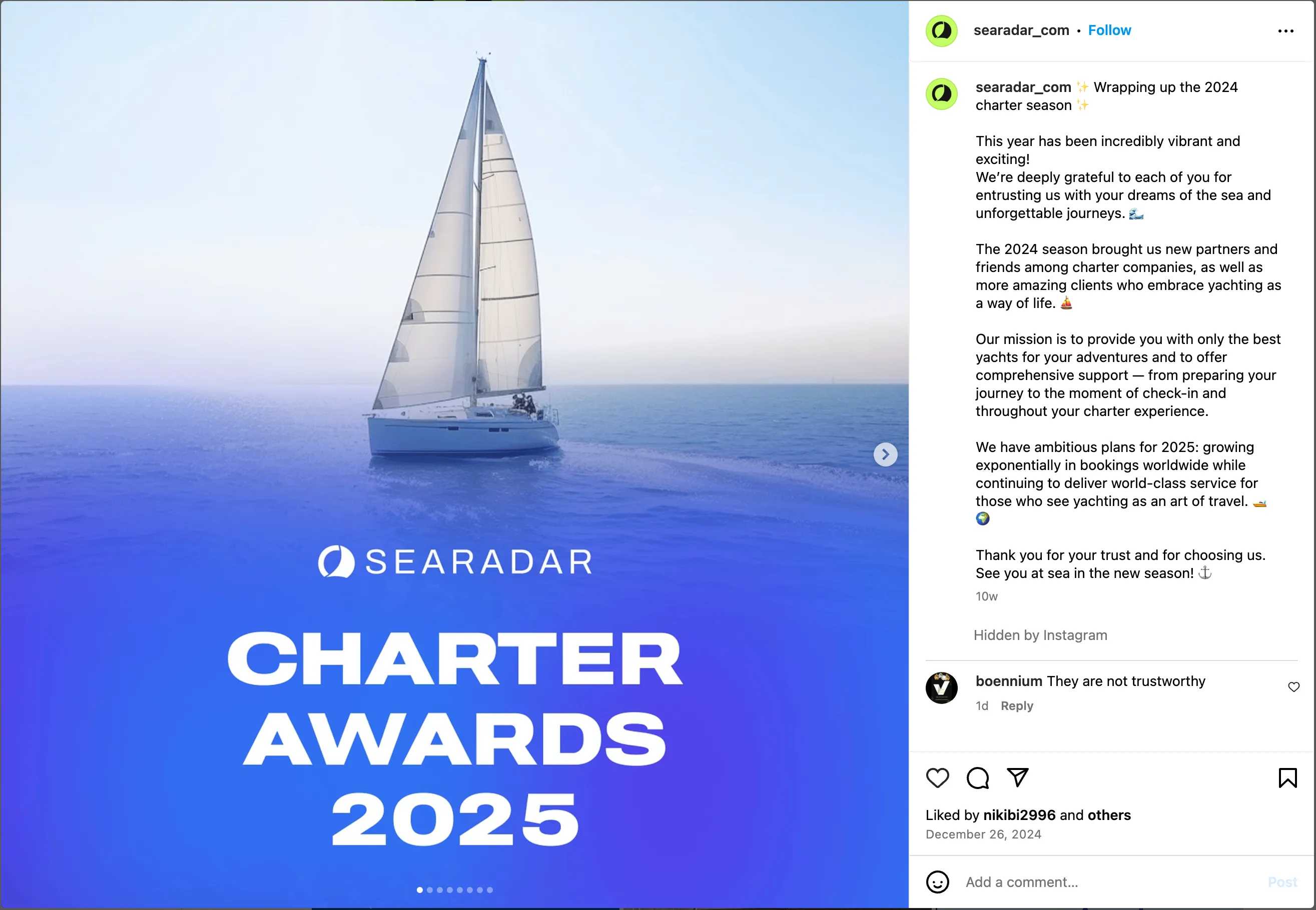 Screenshot of a Searadar Instagram post where earlier negative comments appear removed