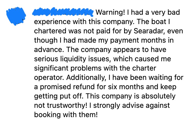 SeaRadar.com scam victim testimony on Instagram describing lost payment and no booking confirmation
