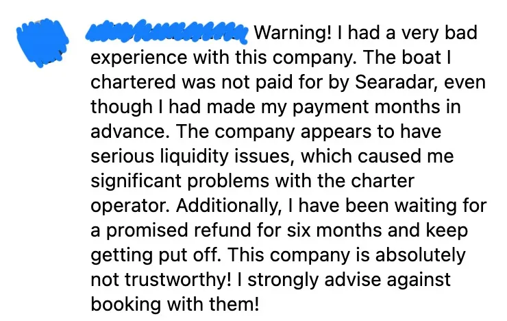 Instagram testimonial screenshot reporting payment made but no confirmed charter booking