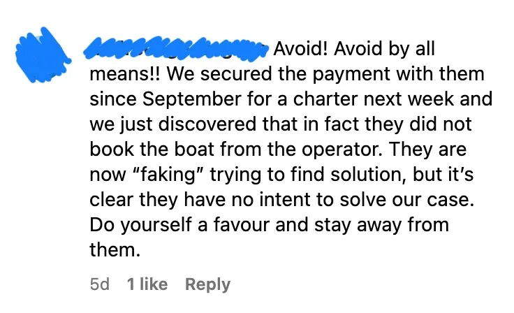 Instagram testimonial screenshot describing last-minute booking disruption and refund concerns