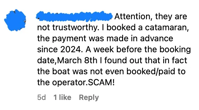 Instagram testimonial screenshot summarizing unresolved payment and support communication problems